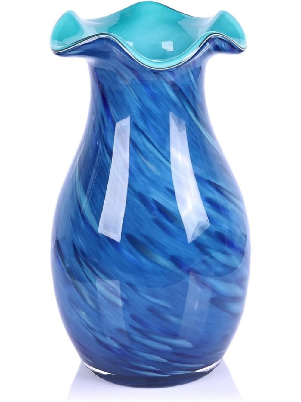 Hand Blown Cobalt Blue Glass Vase – Wide Mouth Murano Bubble Art for Home Decor